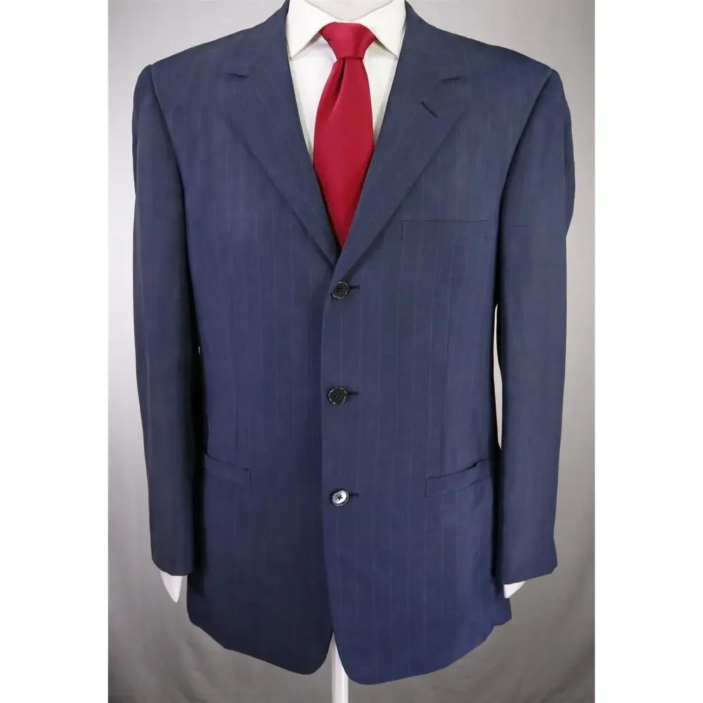 Gianni Versace Mens Vintage 90's Navy Blue Striped 100% Silk Suit 40R